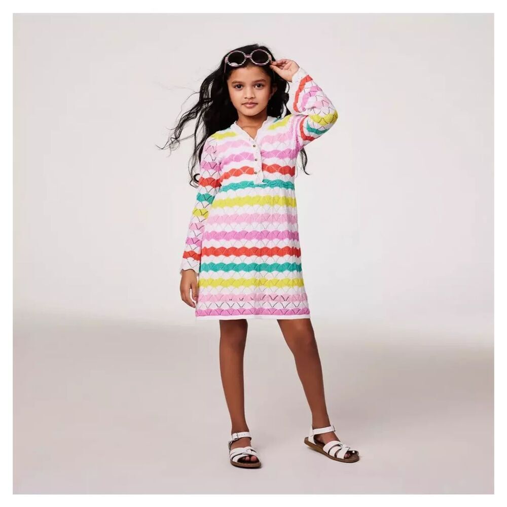 JANIE AND JACK Rainbow Pink Wavy Striped Crochet Retro Bell Sleeve Boho Dress 4T